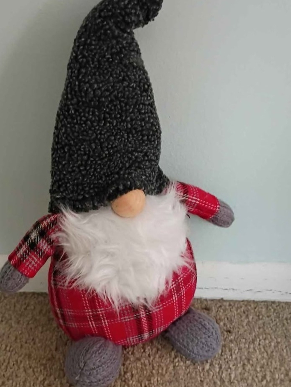 Plush Gnome Doll with Red Plaid Body and Grey Hat